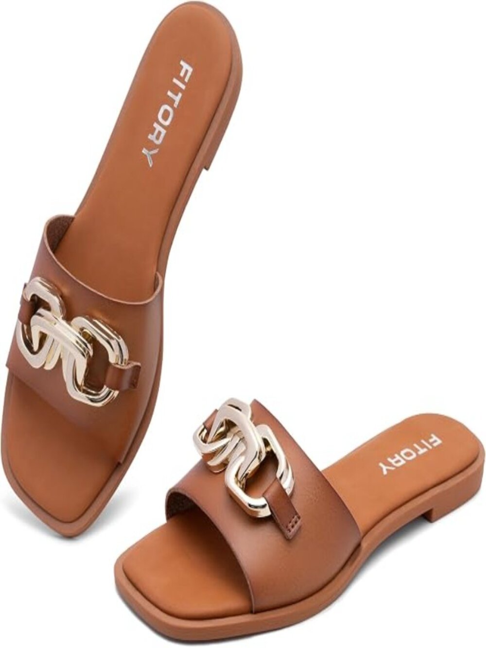 Women’s Brown Comfortable Fashion Soft Slides Gold Buckle For Summer Sandals
